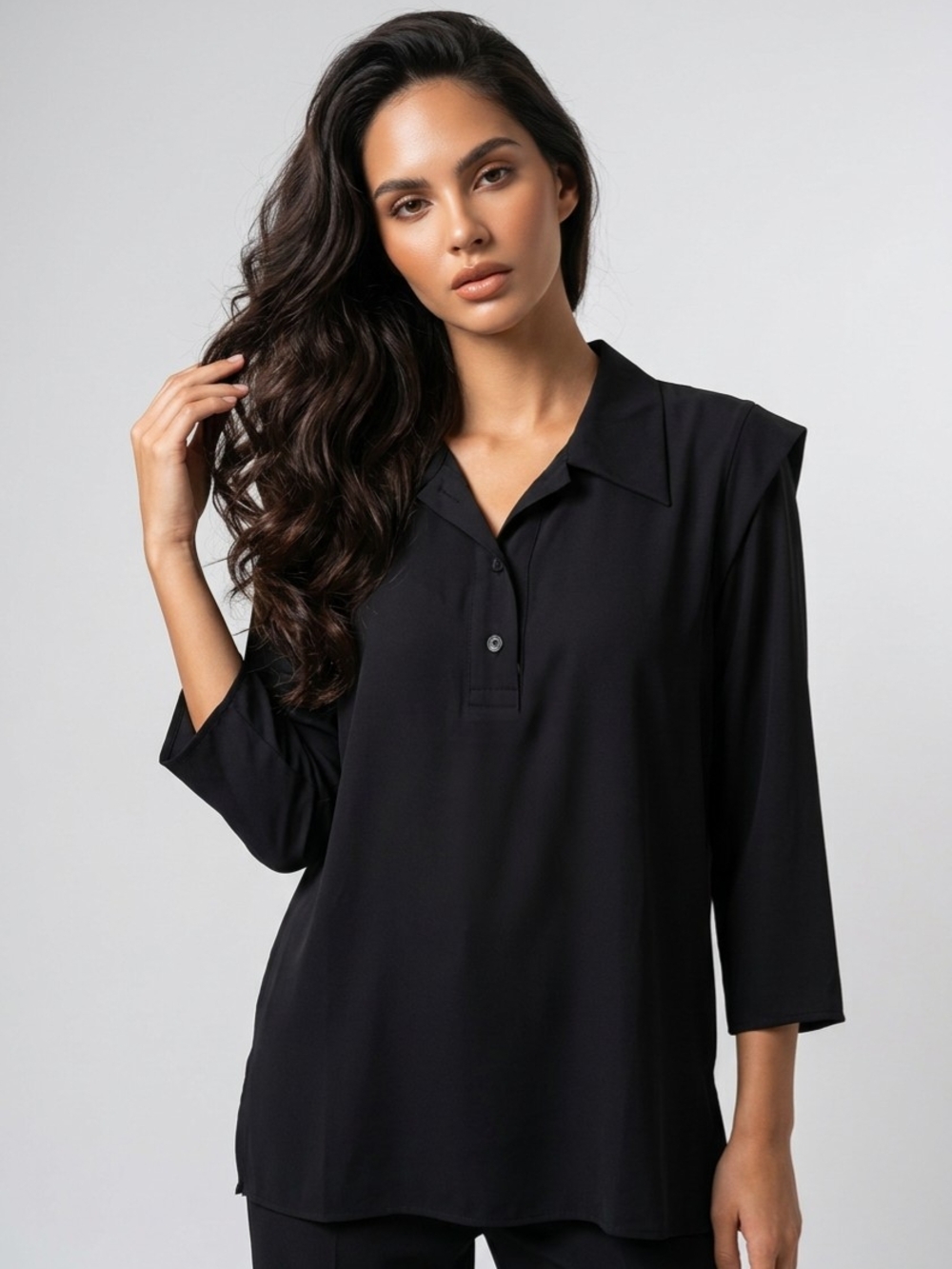 Darling Black Collared Long-Sleeve Tunic